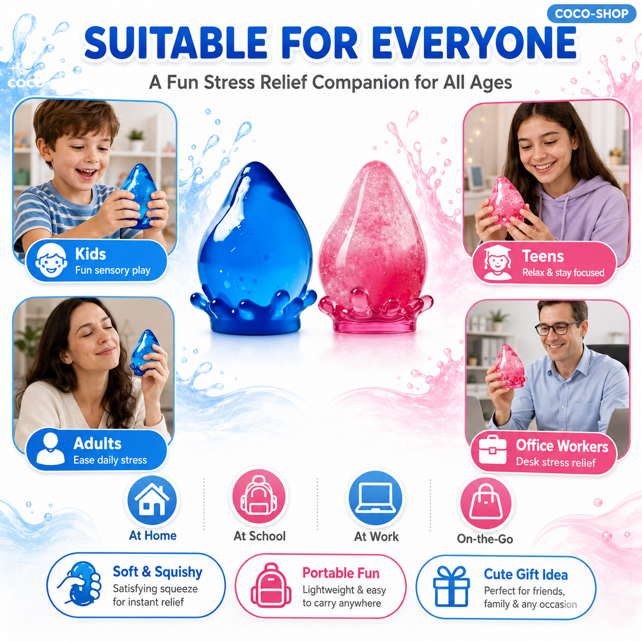 Water Drop Squishy Toy ā Soft Sensory Stress Relief Toy with Glitter Gel Design