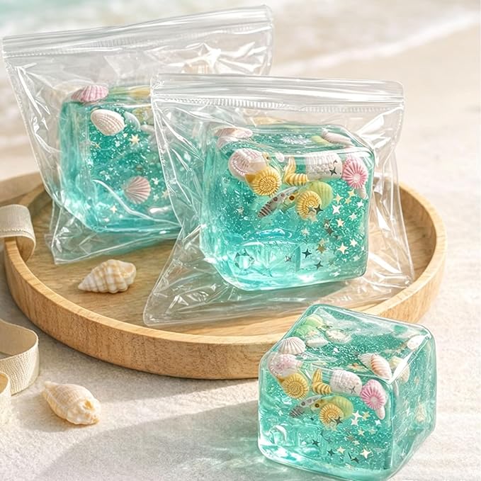 Ocean-Themed Squishy Sensory Toy ā Soft Stress Relief Fidget Cube with Glitter & Seashell Charms