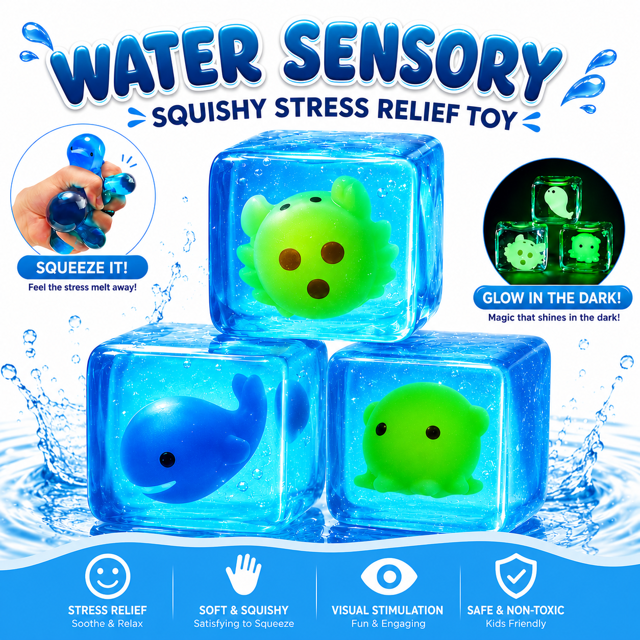Water Sensory Squishy Cube Glow in The Dark Stress Relief Fidget Toy for Kids and Adults