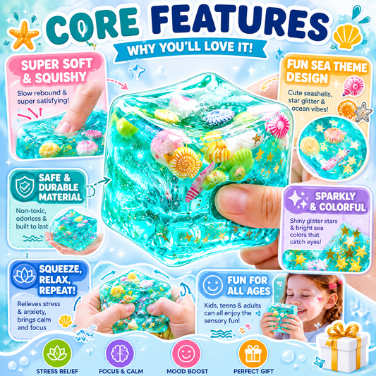 Ocean-Themed Squishy Sensory Toy – Soft Stress Relief Fidget Cube with Glitter & Seashell Charms