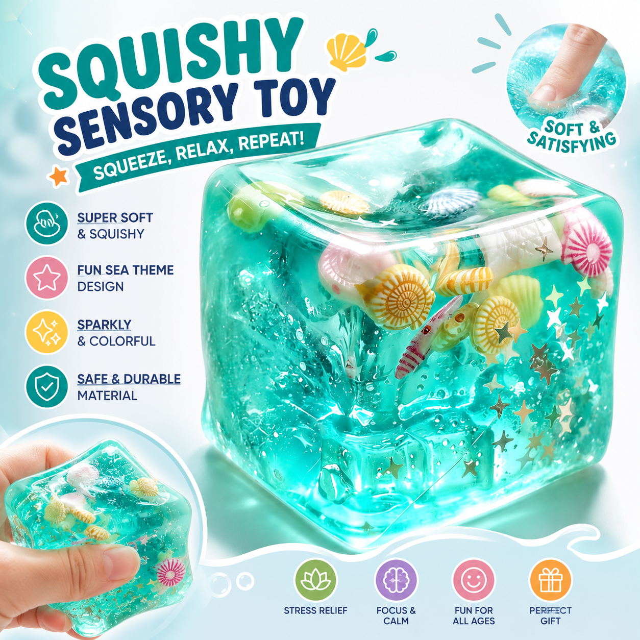 Ocean-Themed Squishy Sensory Toy – Soft Stress Relief Fidget Cube with Glitter & Seashell Charms