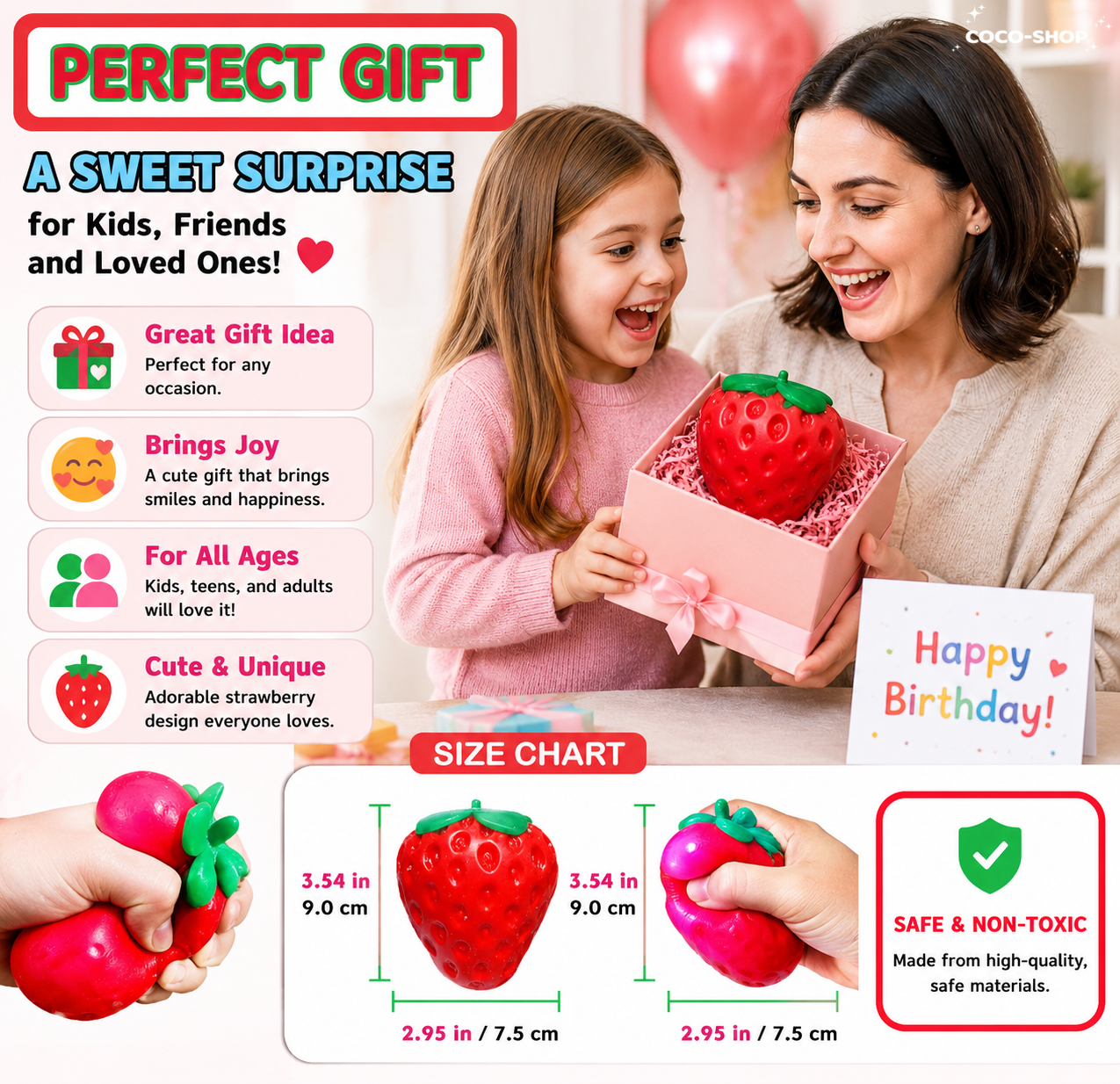 Strawberry Squishy Toy Stress Relief Fidget Toy Soft Squeeze Sensory Toy