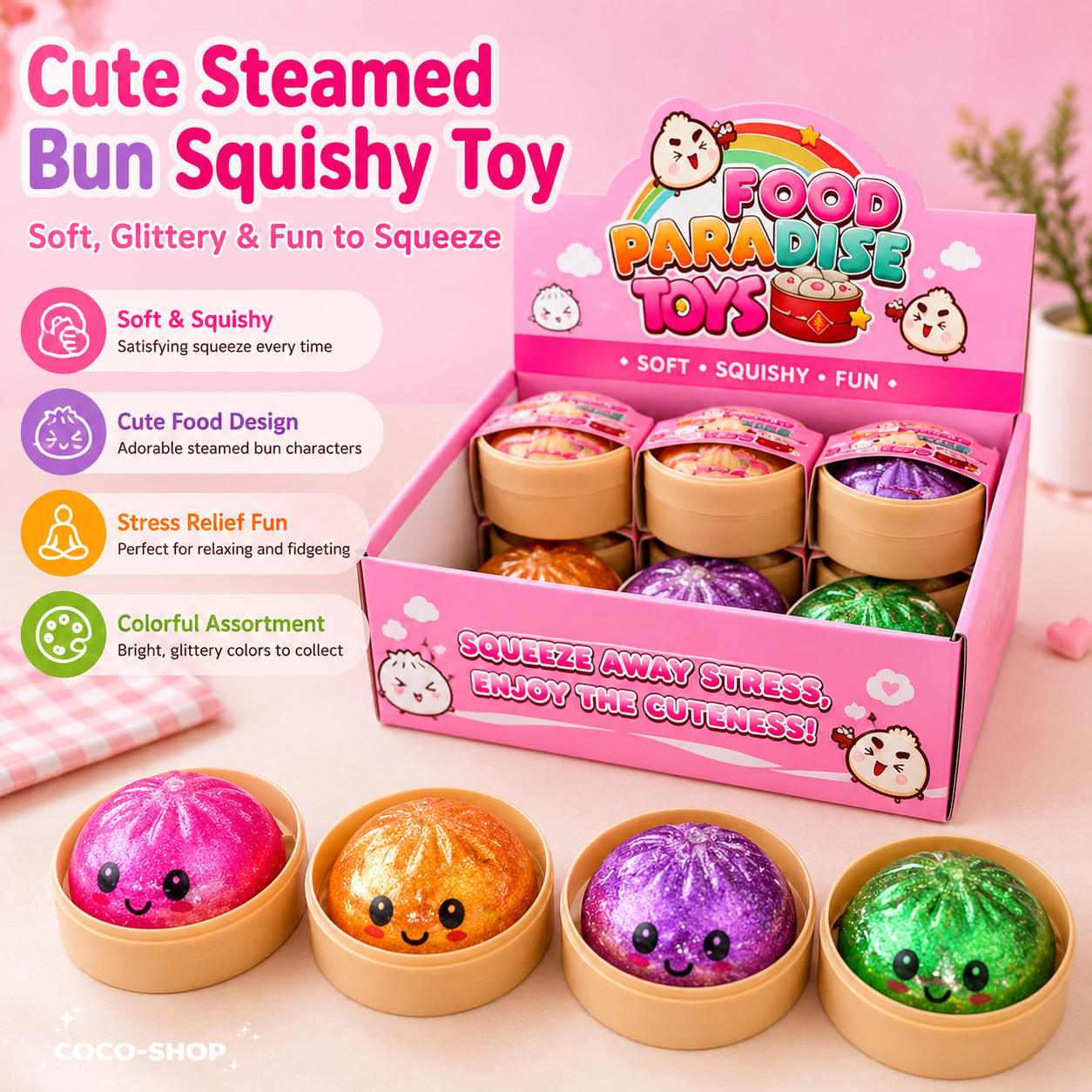 Cute Glitter Steamed Bun Squishy Toy – Soft, Sparkly & Stress Relief Fun