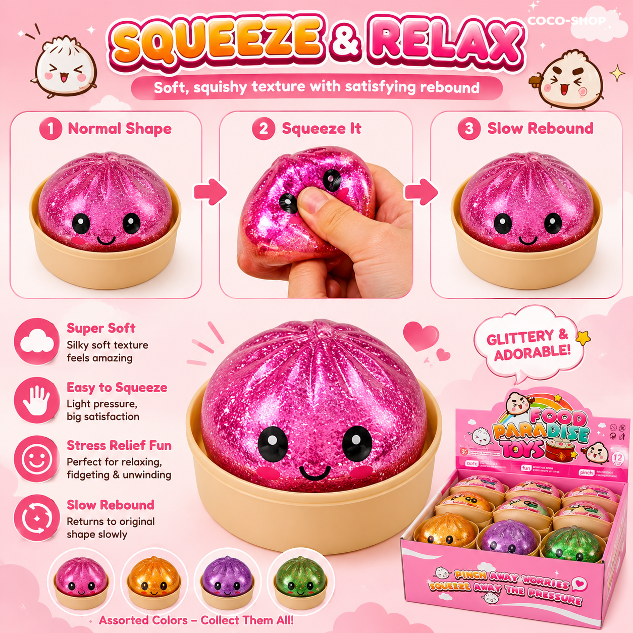 Cute Glitter Steamed Bun Squishy Toy – Soft, Sparkly & Stress Relief Fun