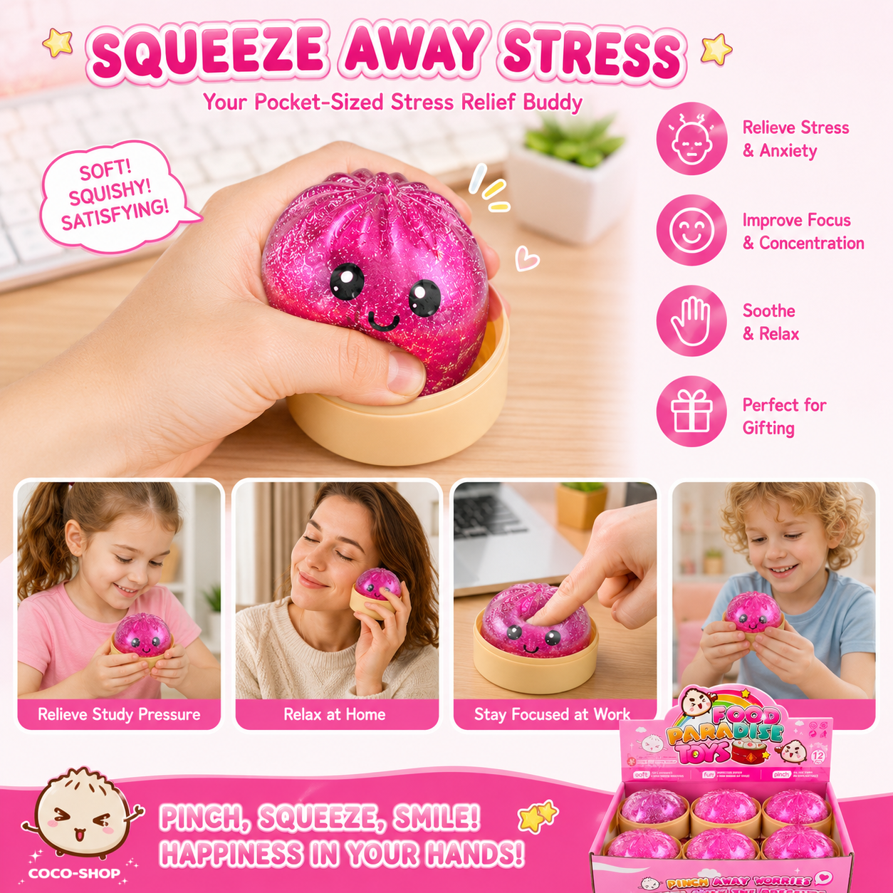 Cute Glitter Steamed Bun Squishy Toy – Soft, Sparkly & Stress Relief Fun