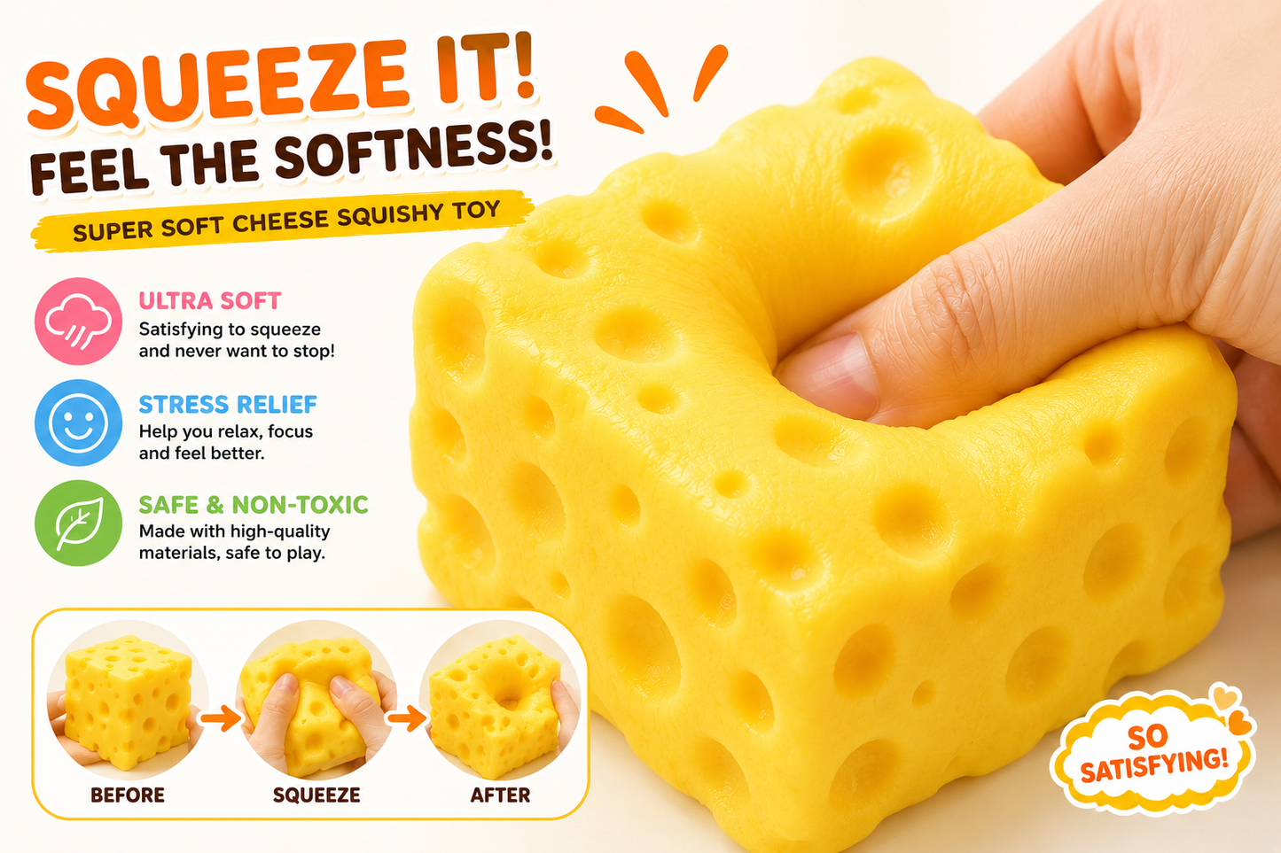 Cheese Cube Squishy Toy Stress Relief Sensory Fidget Gift