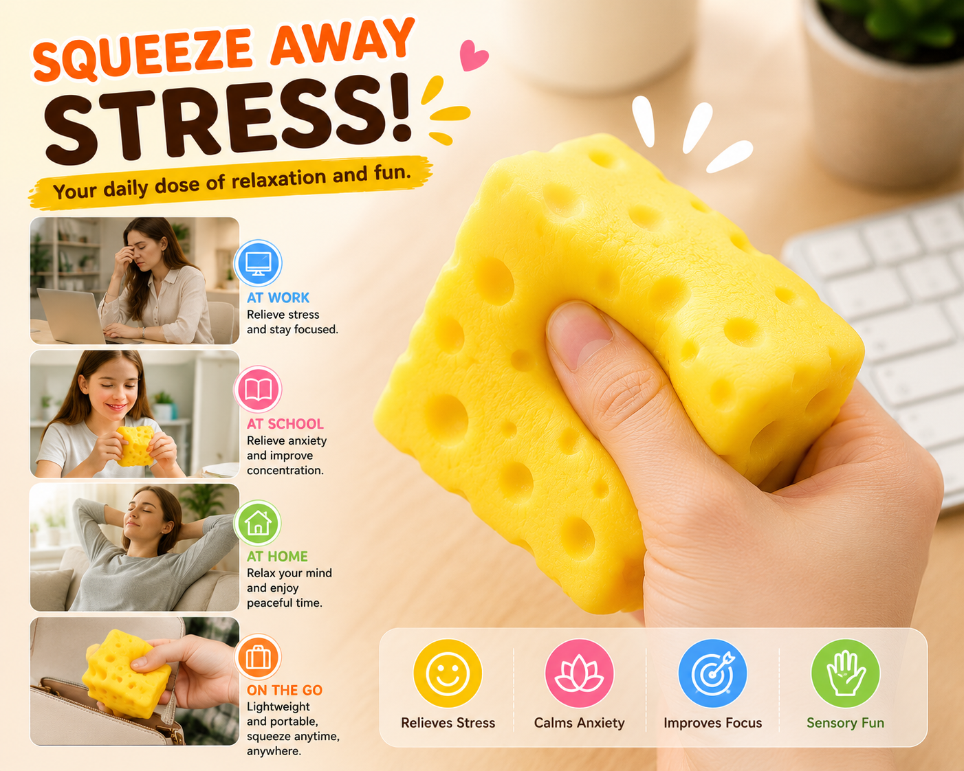 Cheese Cube Squishy Toy Stress Relief Sensory Fidget Gift