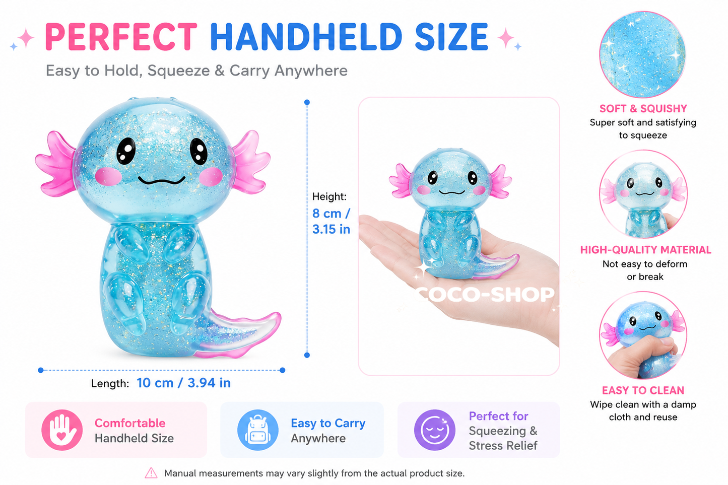 Cute Glitter Salamander Squishy Toy Soft Stress Relief Sensory Fidget Toy for Kids Teens and Adults