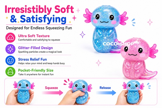 Cute Glitter Salamander Squishy Toy Soft Stress Relief Sensory Fidget Toy for Kids Teens and Adults
