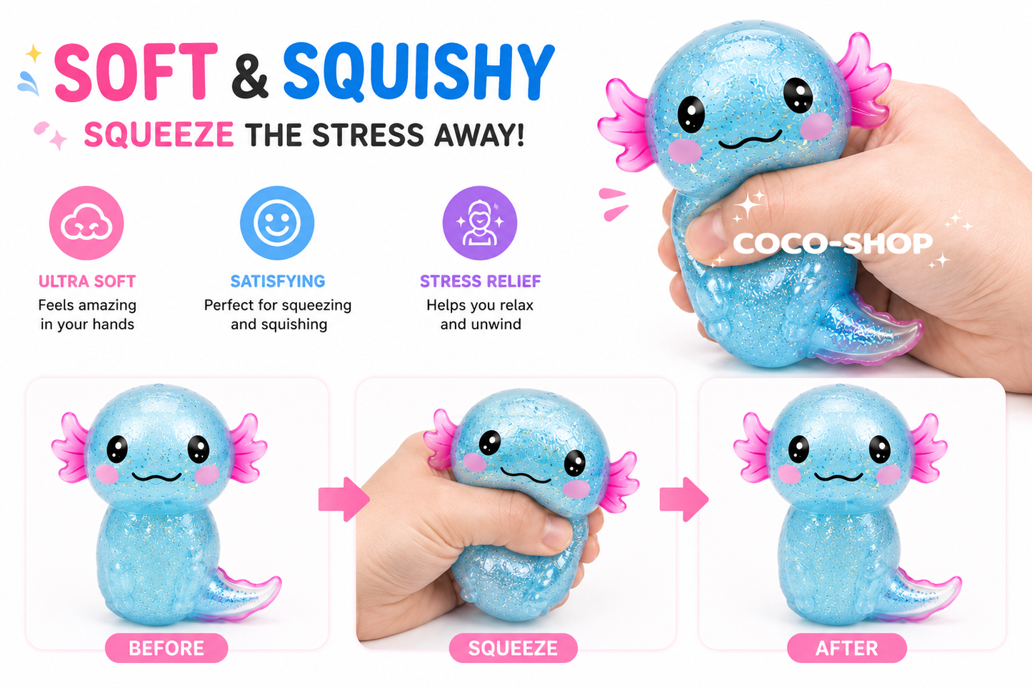 Cute Glitter Salamander Squishy Toy Soft Stress Relief Sensory Fidget Toy for Kids Teens and Adults