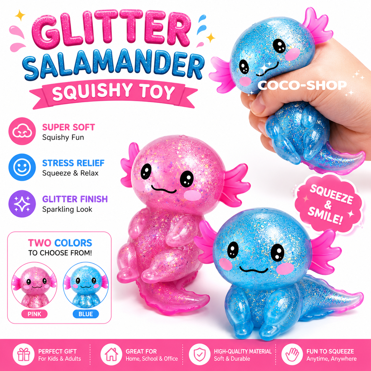 Cute Glitter Salamander Squishy Toy Soft Stress Relief Sensory Fidget Toy for Kids Teens and Adults