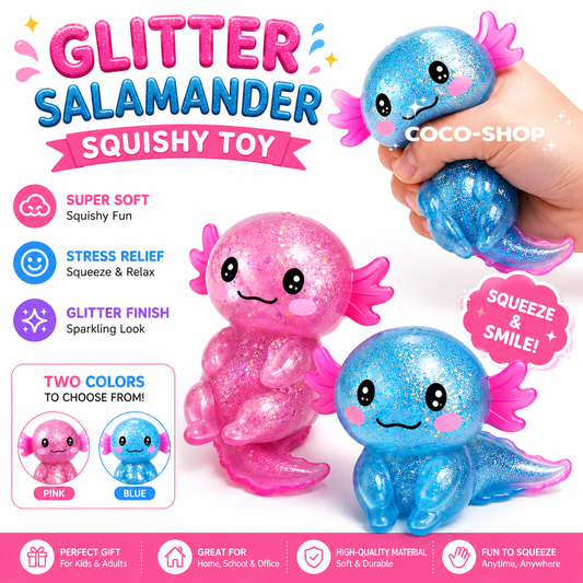 Cute Glitter Salamander Squishy Toy Soft Stress Relief Sensory Fidget Toy for Kids Teens and Adults