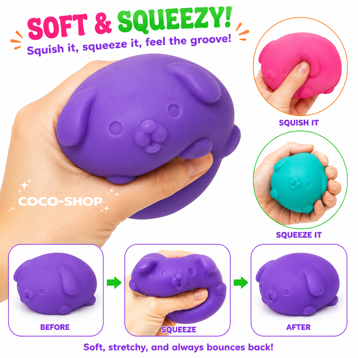 Funky Pup Squishy Stress Relief Toy Soft Squeeze Puppy Fidget Toy for Kids and Adults