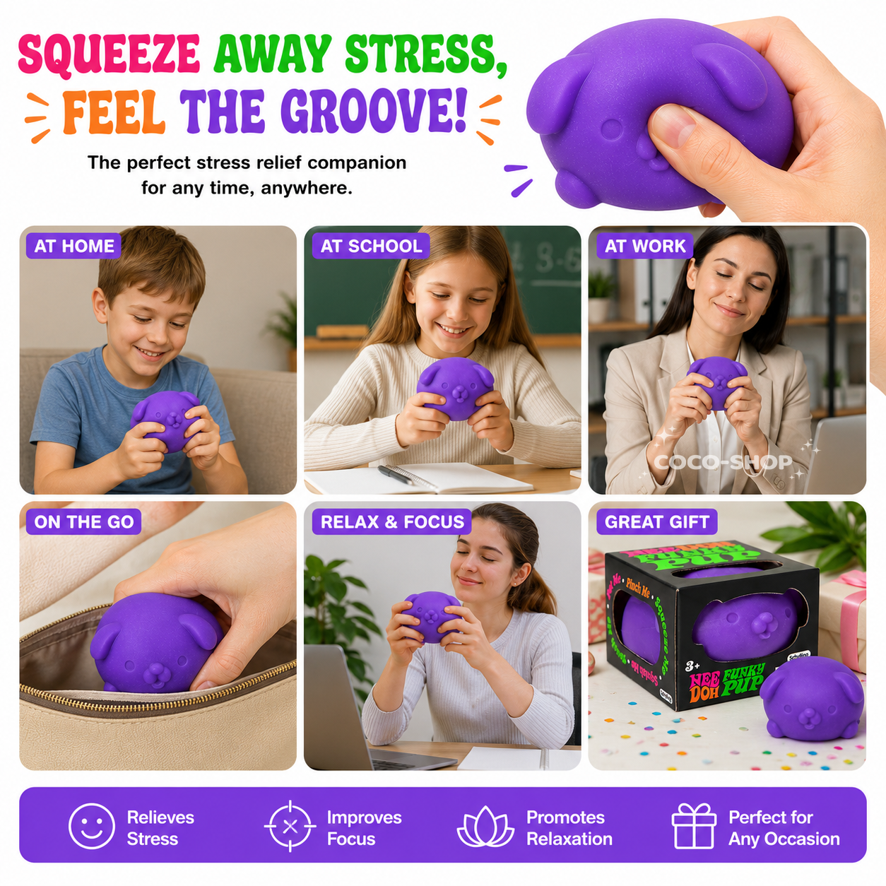 Funky Pup Squishy Stress Relief Toy Soft Squeeze Puppy Fidget Toy for Kids and Adults