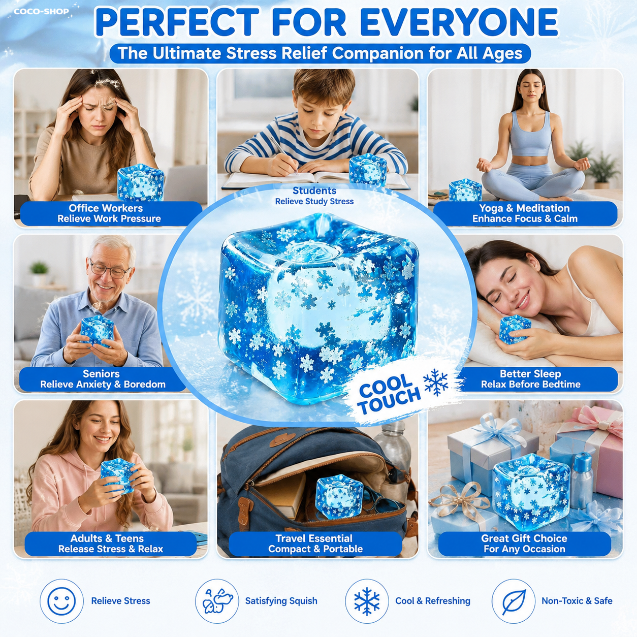 Cooling Squishy Stress Relief Cube – Soft Sensory Fidget Toy for Relaxation, Focus & Summer Fun