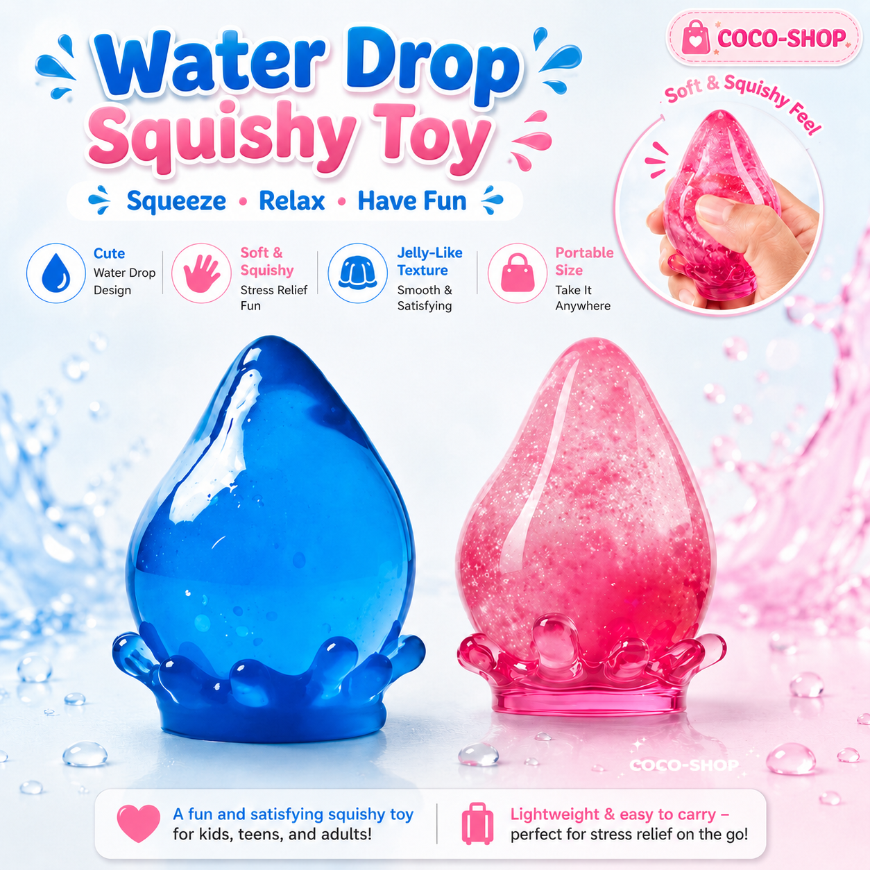 Water Drop Squishy Toy – Soft Sensory Stress Relief Toy with Glitter Gel Design