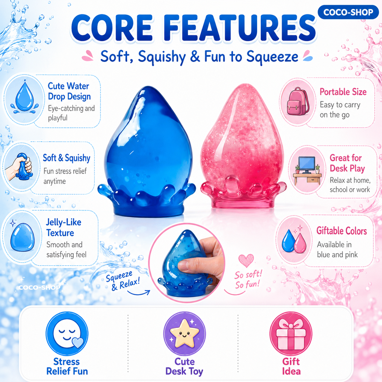 Water Drop Squishy Toy – Soft Sensory Stress Relief Toy with Glitter Gel Design