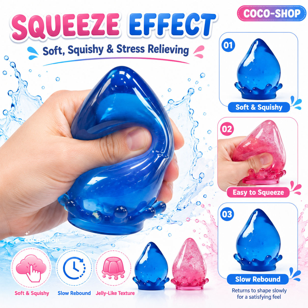 Water Drop Squishy Toy – Soft Sensory Stress Relief Toy with Glitter Gel Design