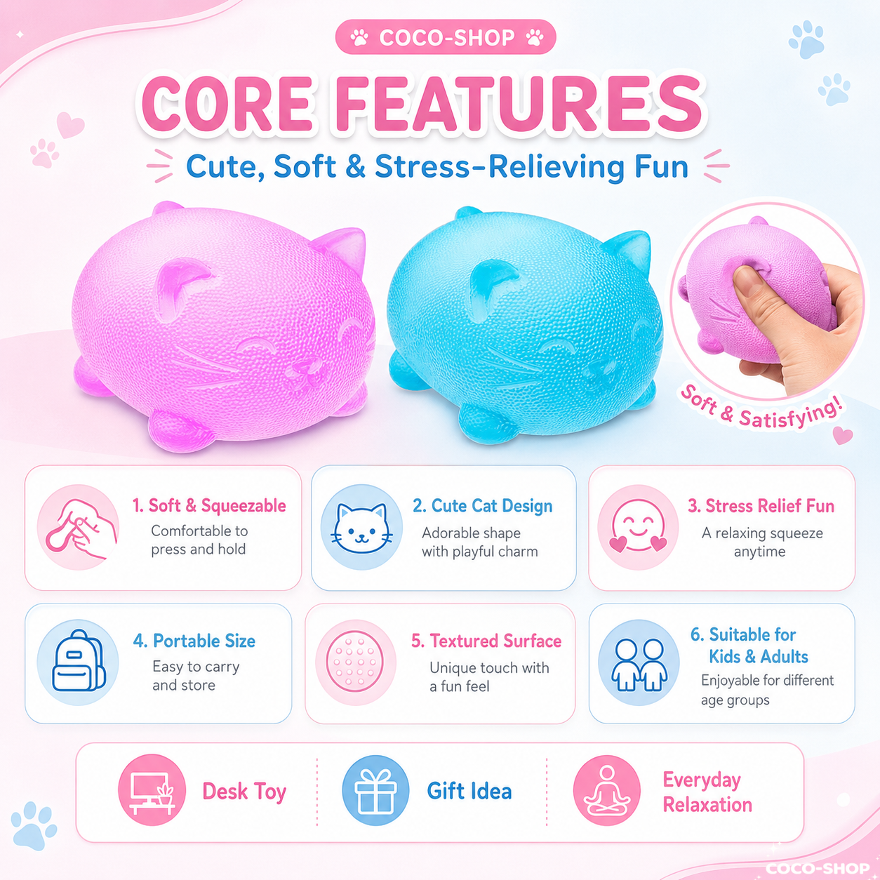 Cute Cat Squishy Stress Relief Toy – Soft Sensory Fidget Toy for Relaxation and Stress Relief
