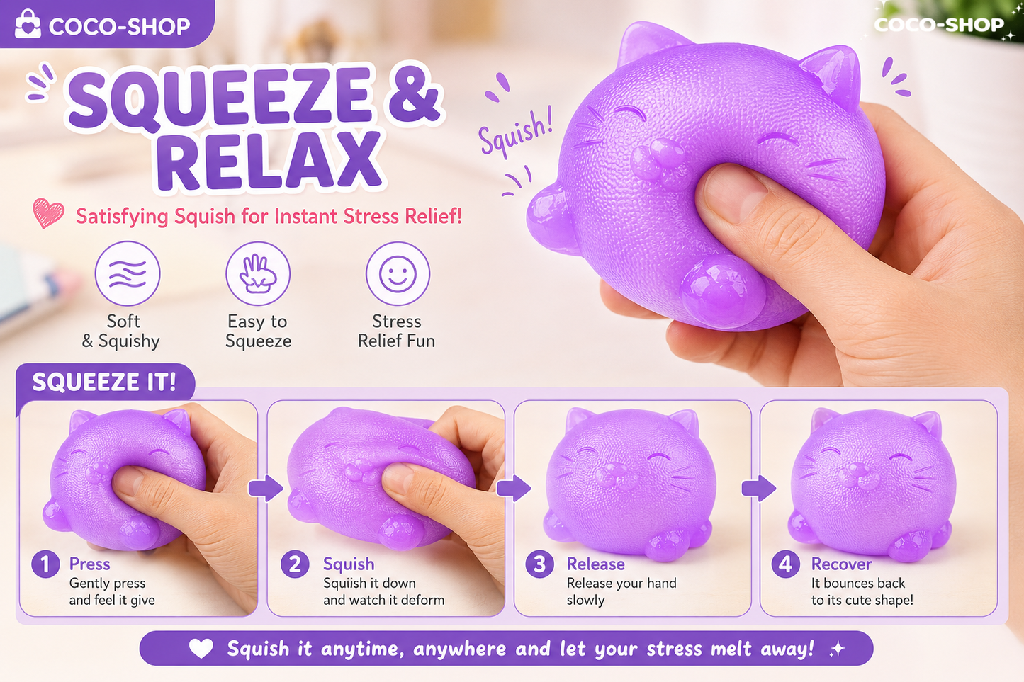 Cute Cat Squishy Stress Relief Toy – Soft Sensory Fidget Toy for Relaxation and Stress Relief