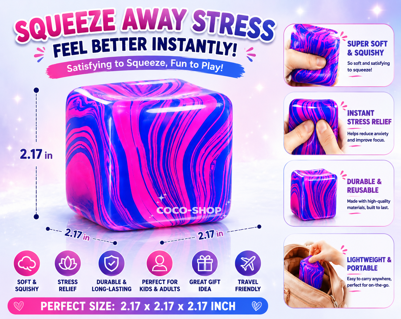 Squishy Stress Relief Cube – Soft Sensory Fidget Toy for Anxiety Relief, Focus & Relaxation