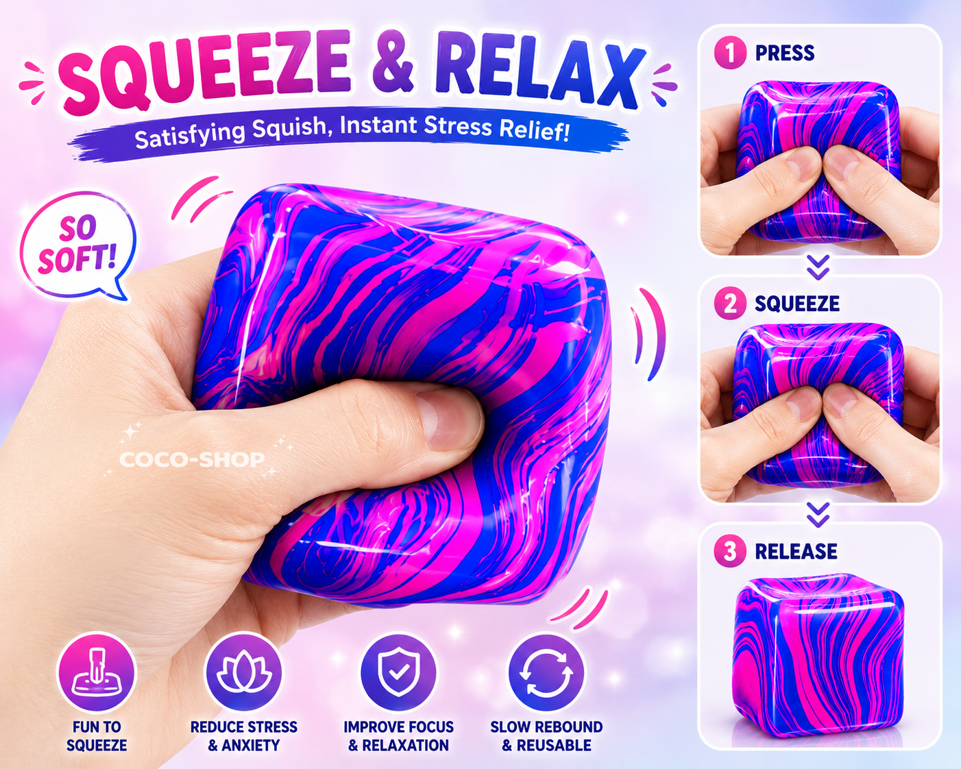 Squishy Stress Relief Cube – Soft Sensory Fidget Toy for Anxiety Relief, Focus & Relaxation