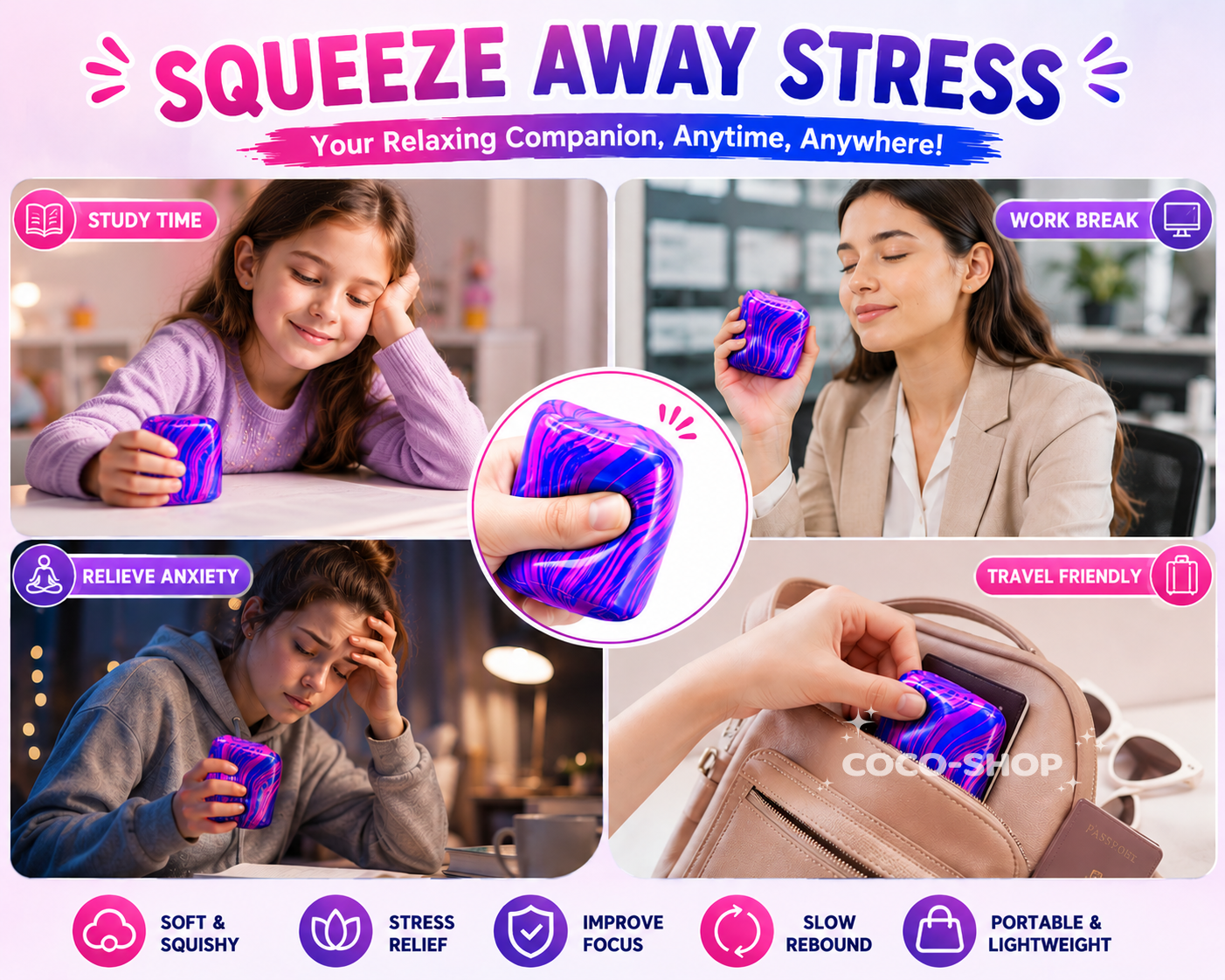 Squishy Stress Relief Cube – Soft Sensory Fidget Toy for Anxiety Relief, Focus & Relaxation