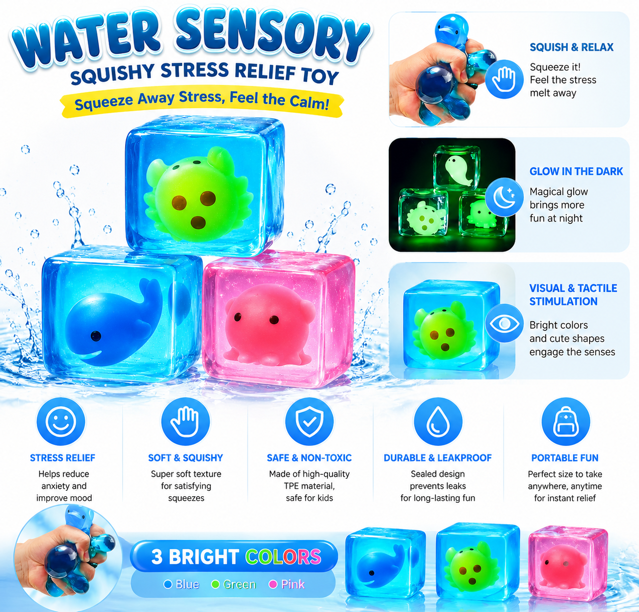 Water Sensory Squishy Cube Glow in The Dark Stress Relief Fidget Toy for Kids and Adults