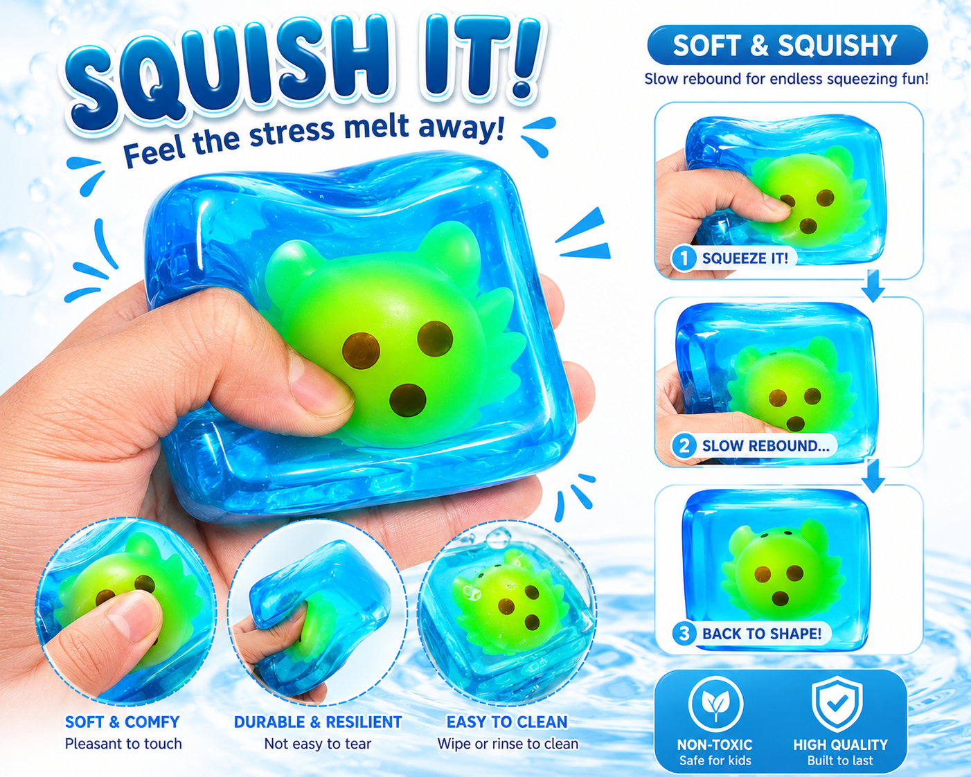 Water Sensory Squishy Cube Glow in The Dark Stress Relief Fidget Toy for Kids and Adults