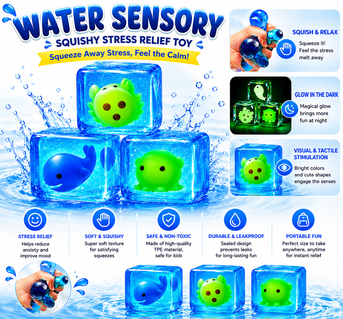 Water Sensory Squishy Cube Glow in The Dark Stress Relief Fidget Toy for Kids and Adults