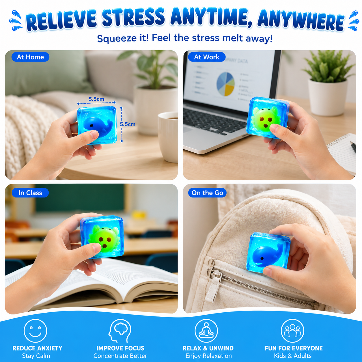 Water Sensory Squishy Cube Glow in The Dark Stress Relief Fidget Toy for Kids and Adults