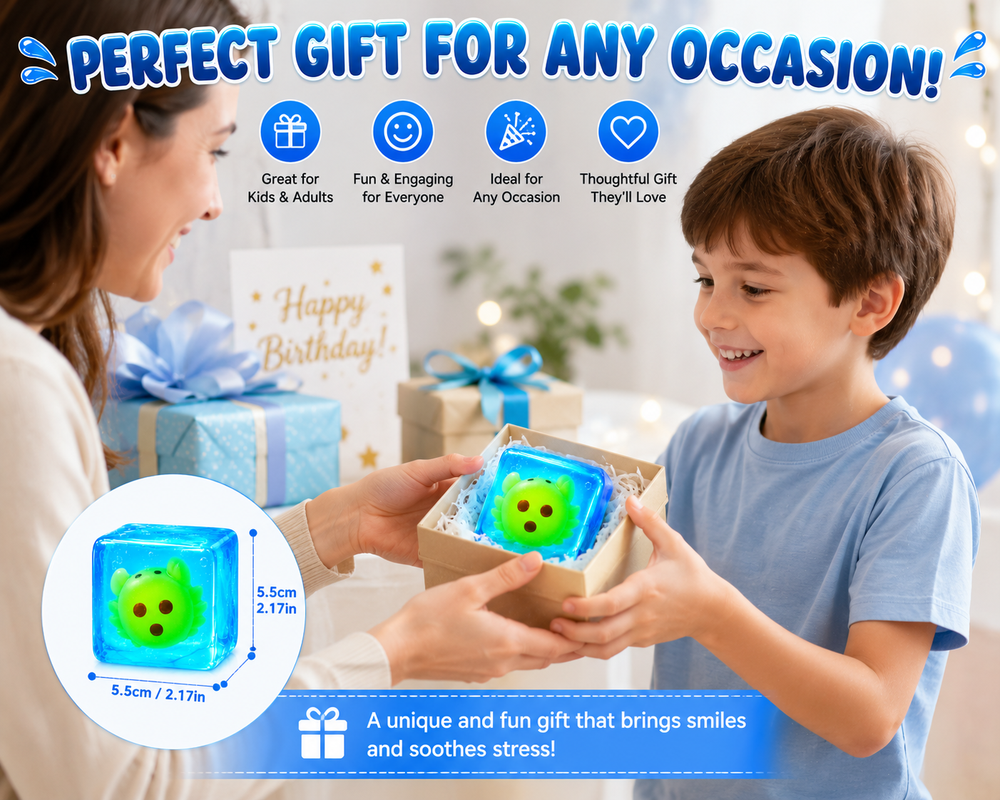 Water Sensory Squishy Cube Glow in The Dark Stress Relief Fidget Toy for Kids and Adults