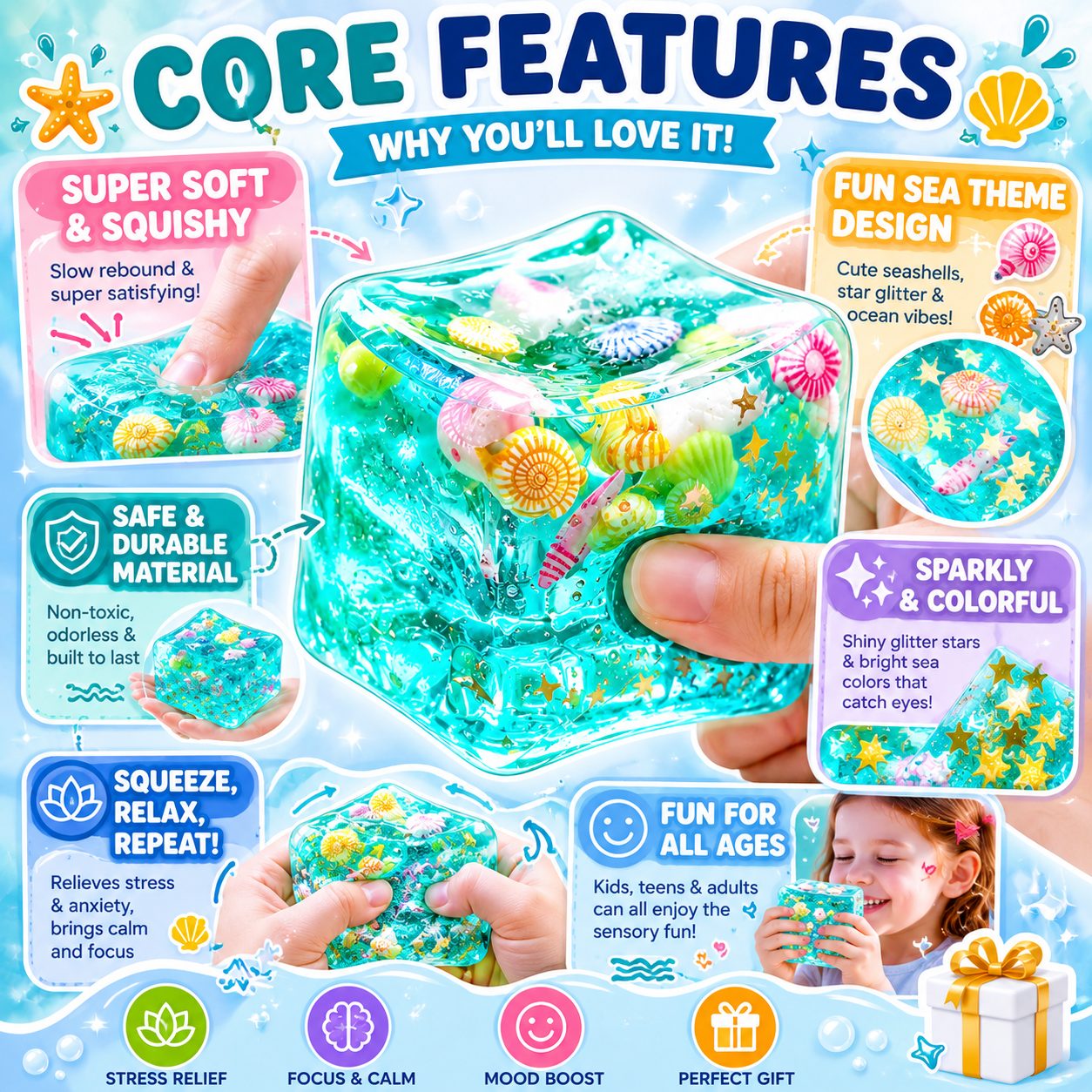 Ocean-Themed Squishy Sensory Toy – Soft Stress Relief Fidget Cube with Glitter & Seashell Charms