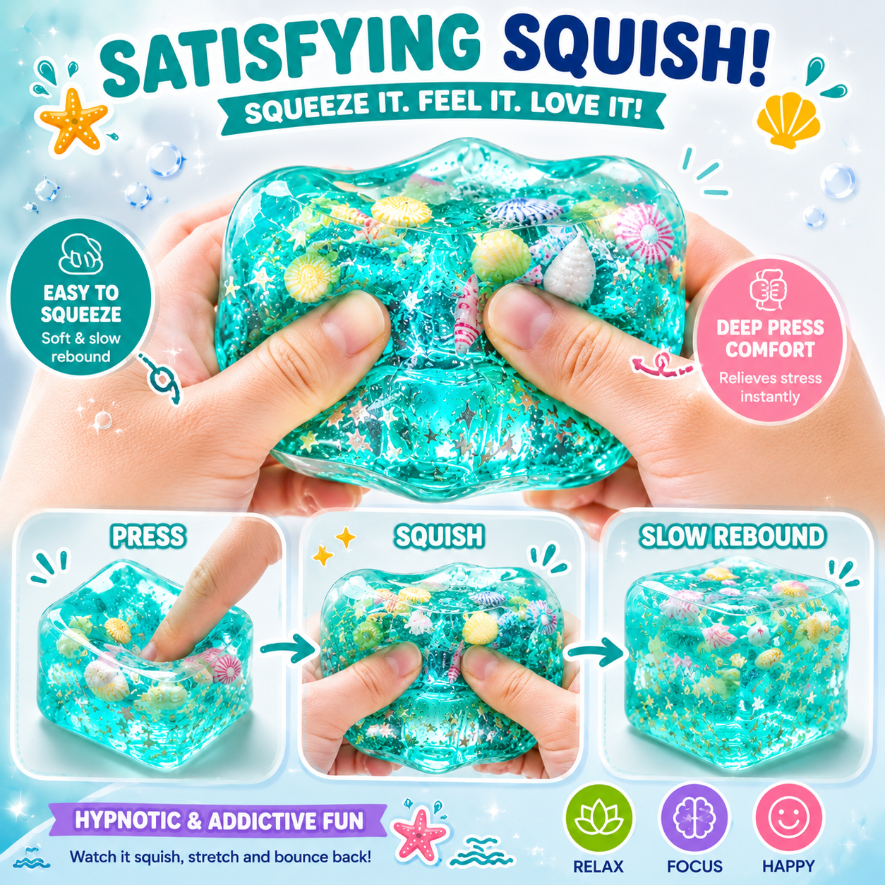 Ocean-Themed Squishy Sensory Toy – Soft Stress Relief Fidget Cube with Glitter & Seashell Charms