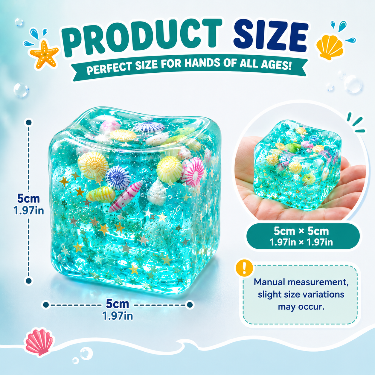 Ocean-Themed Squishy Sensory Toy – Soft Stress Relief Fidget Cube with Glitter & Seashell Charms