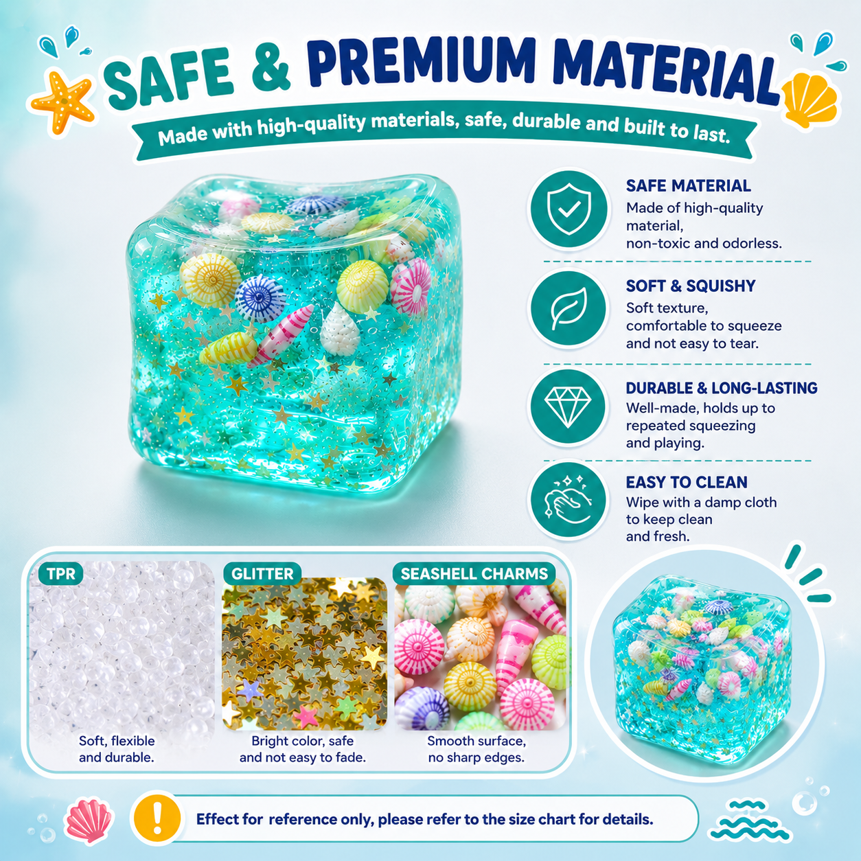 Ocean-Themed Squishy Sensory Toy – Soft Stress Relief Fidget Cube with Glitter & Seashell Charms
