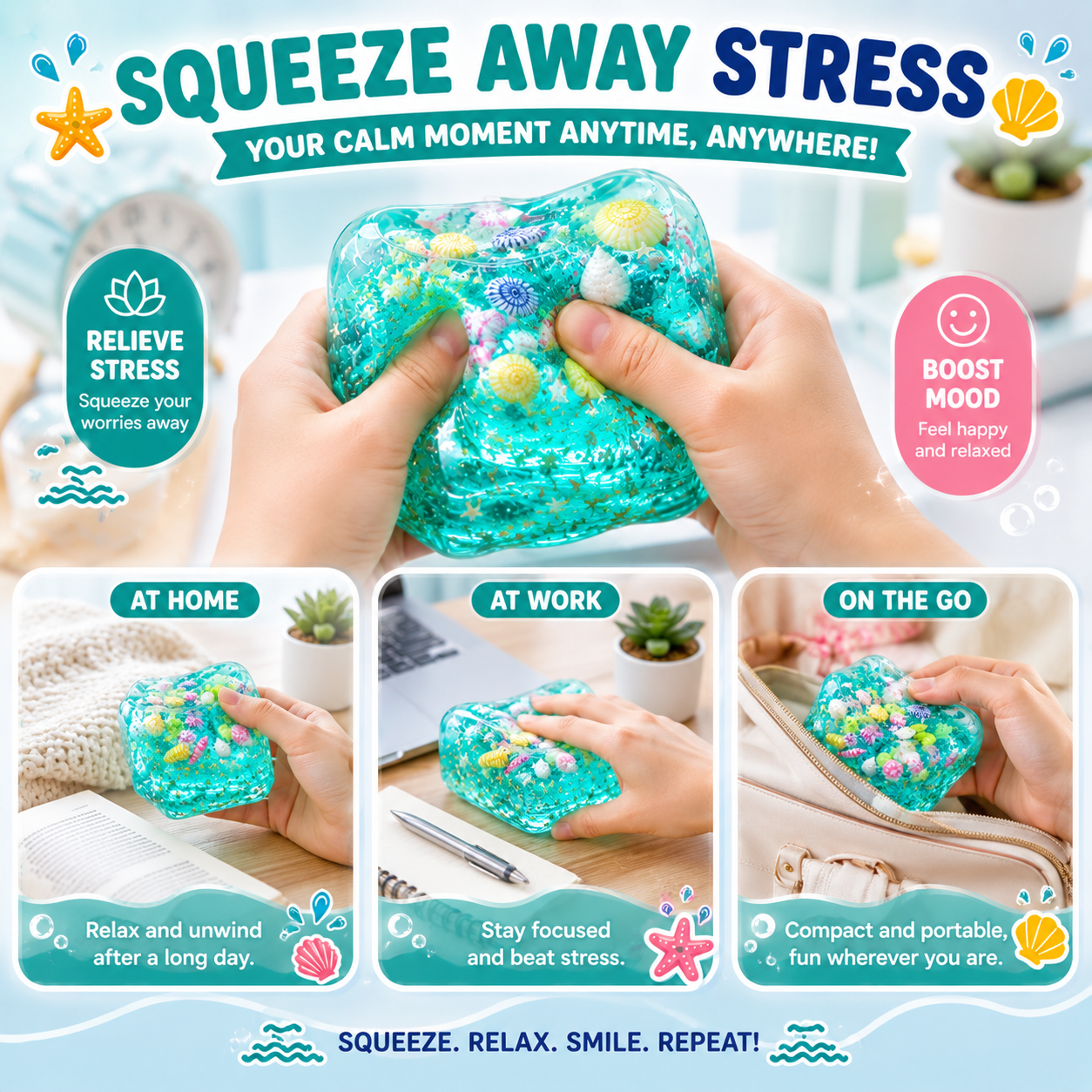 Ocean-Themed Squishy Sensory Toy – Soft Stress Relief Fidget Cube with Glitter & Seashell Charms