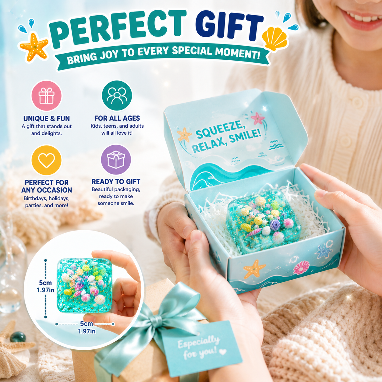 Ocean-Themed Squishy Sensory Toy – Soft Stress Relief Fidget Cube with Glitter & Seashell Charms