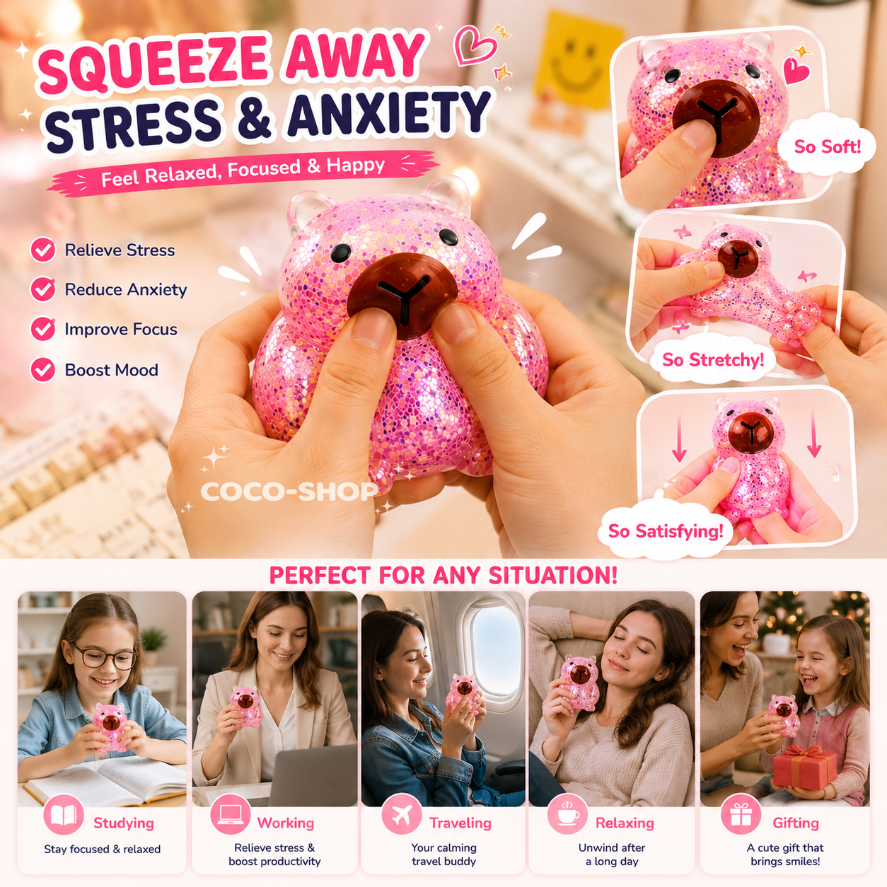 Cute Capybara Squishy Toy Stress Relief Fidget Toy for Kids Teens and Adults