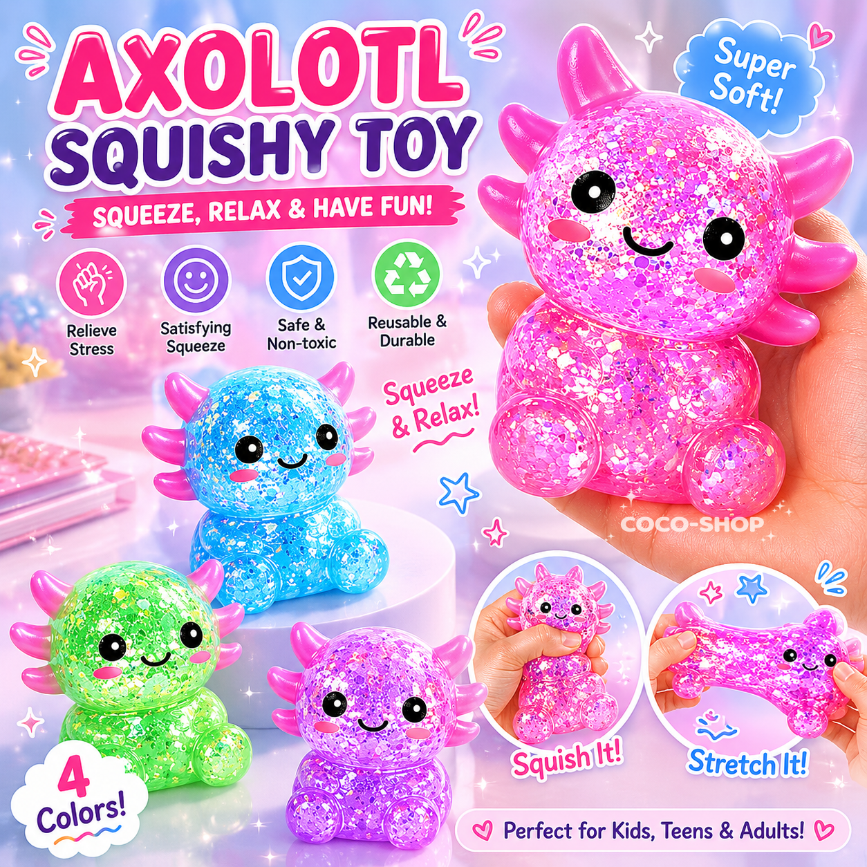Axolotl Squishy Toy Stress Relief Fidget Toy for Kids and Adults