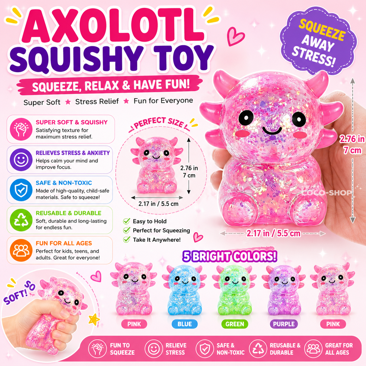 Axolotl Squishy Toy Stress Relief Fidget Toy for Kids and Adults
