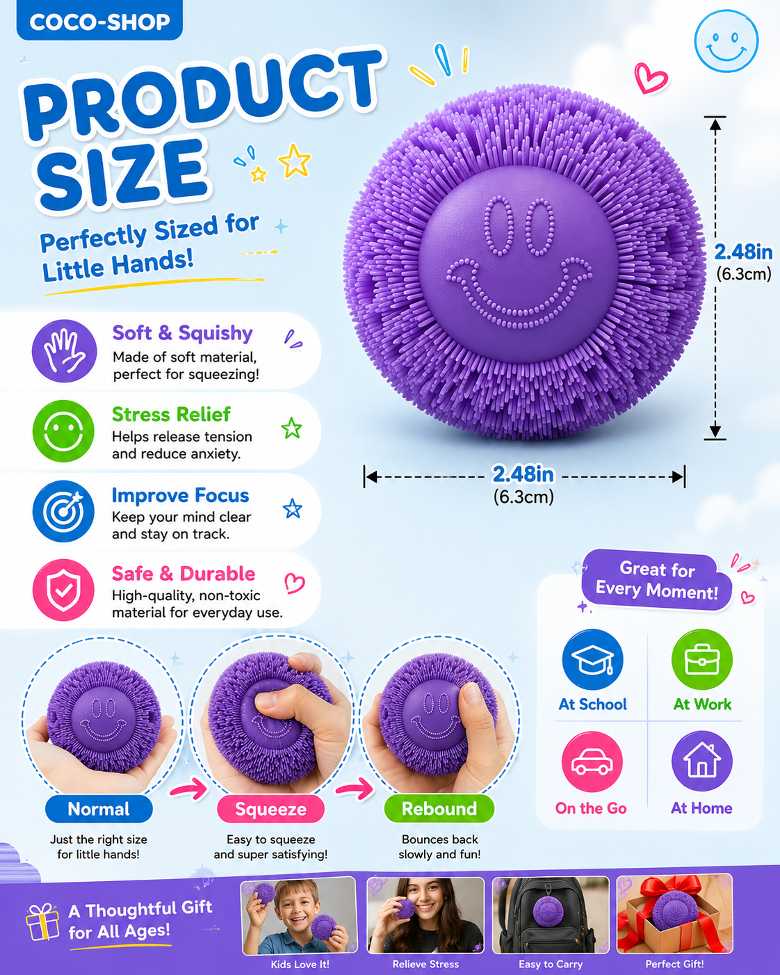 Smiley Puffer Ball Stress Relief Sensory Fidget Toy for Kids and Adults