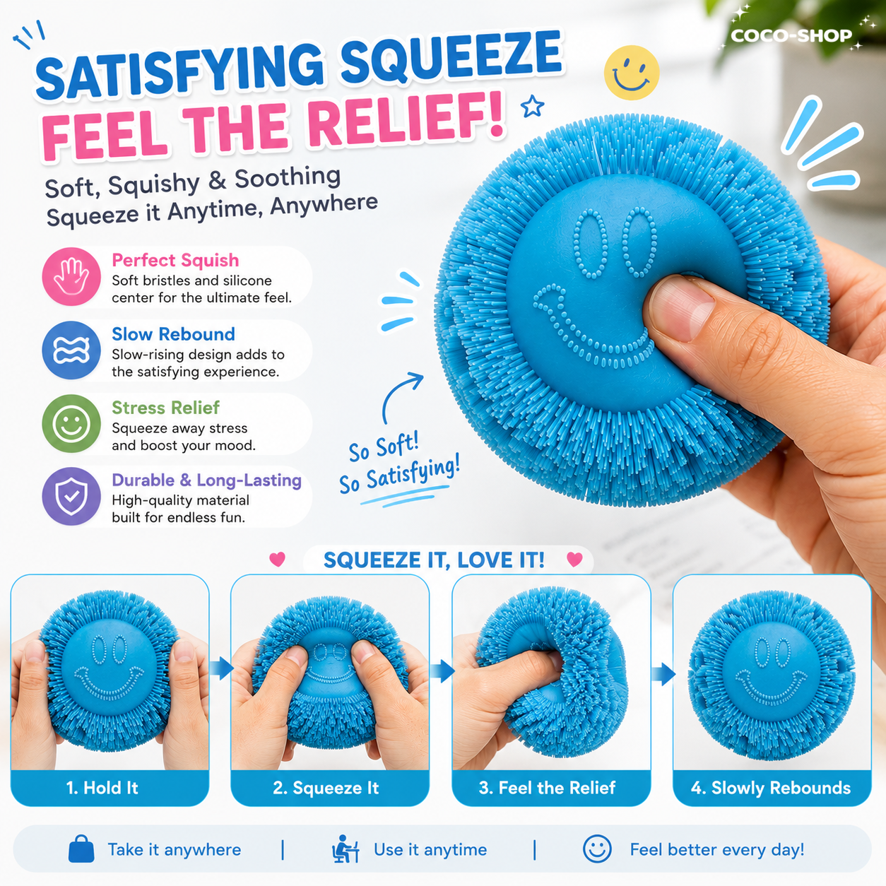 Smiley Puffer Ball Stress Relief Sensory Fidget Toy for Kids and Adults