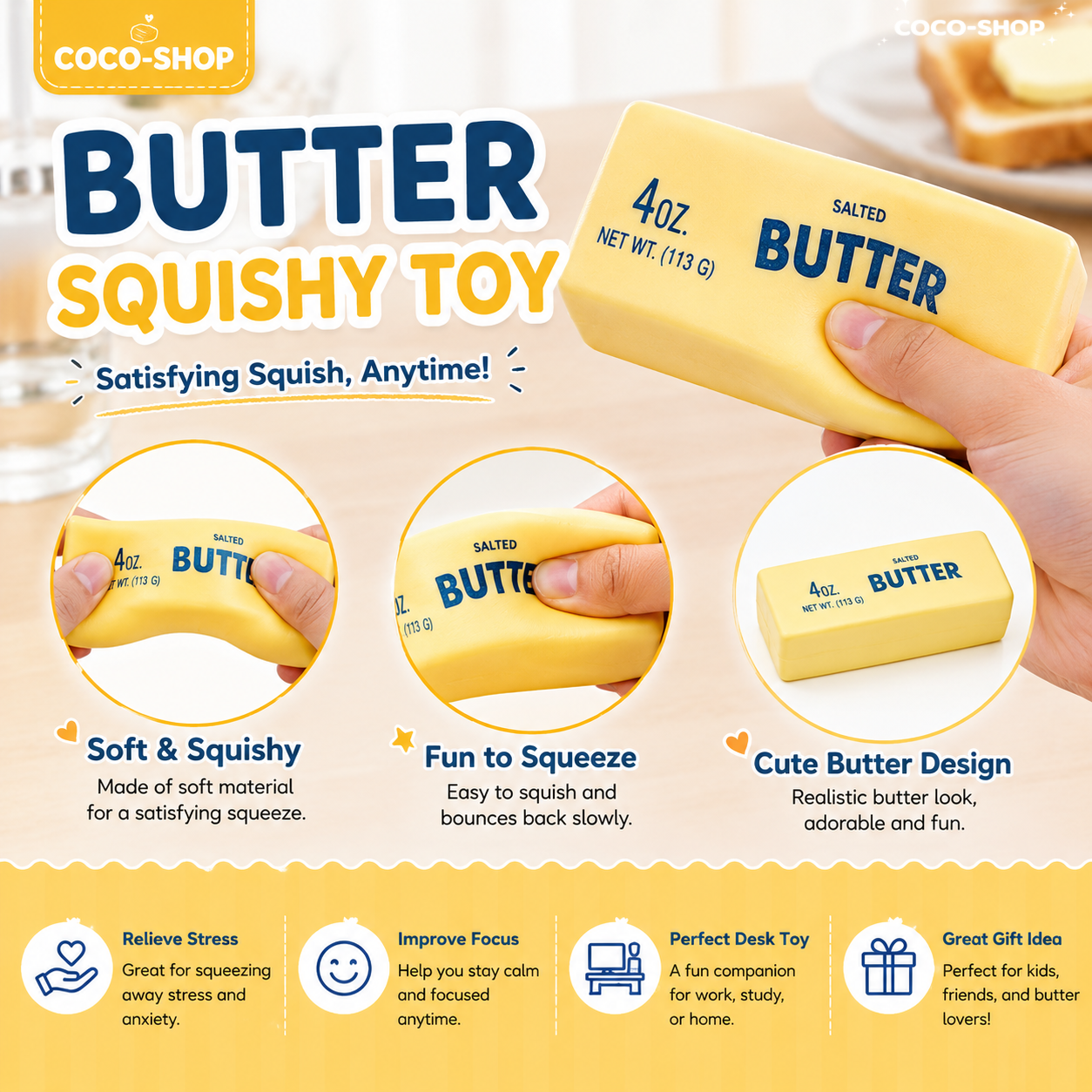 Butter Squishy Toy Stress Relief Fidget Toy Soft Squeeze Sensory Toy